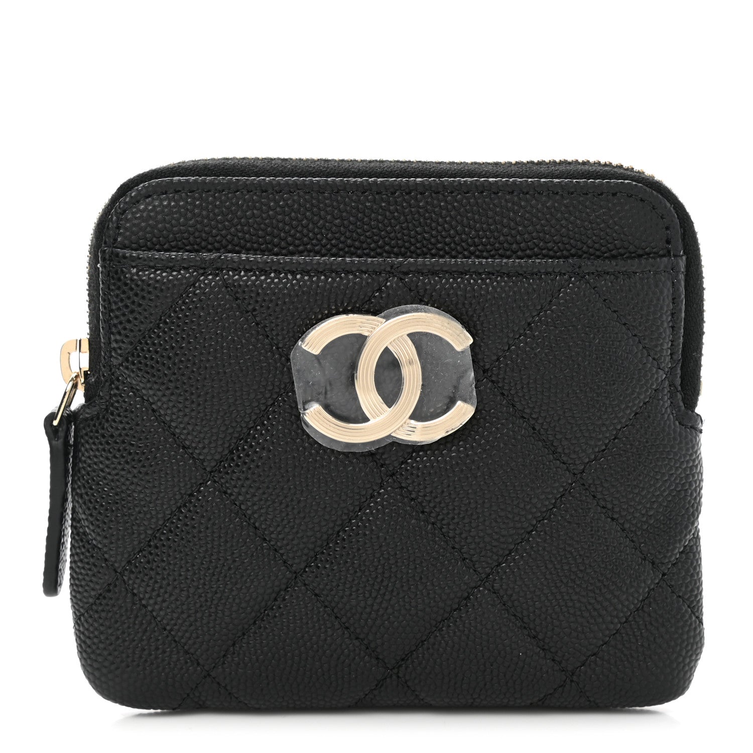 Chanel Caviar Metal Quilted Striated Zip Card Holder Wallet Black 1 of 8