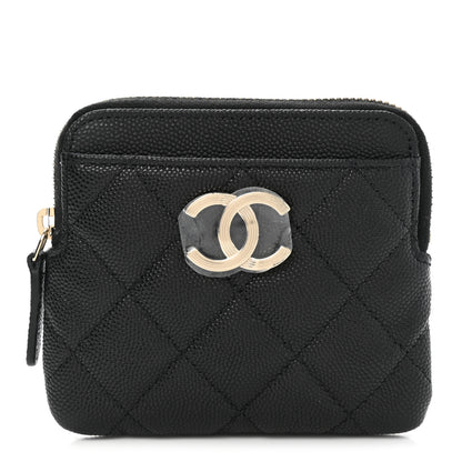 Chanel Caviar Metal Quilted Striated Zip Card Holder Wallet Black 1 of 8
