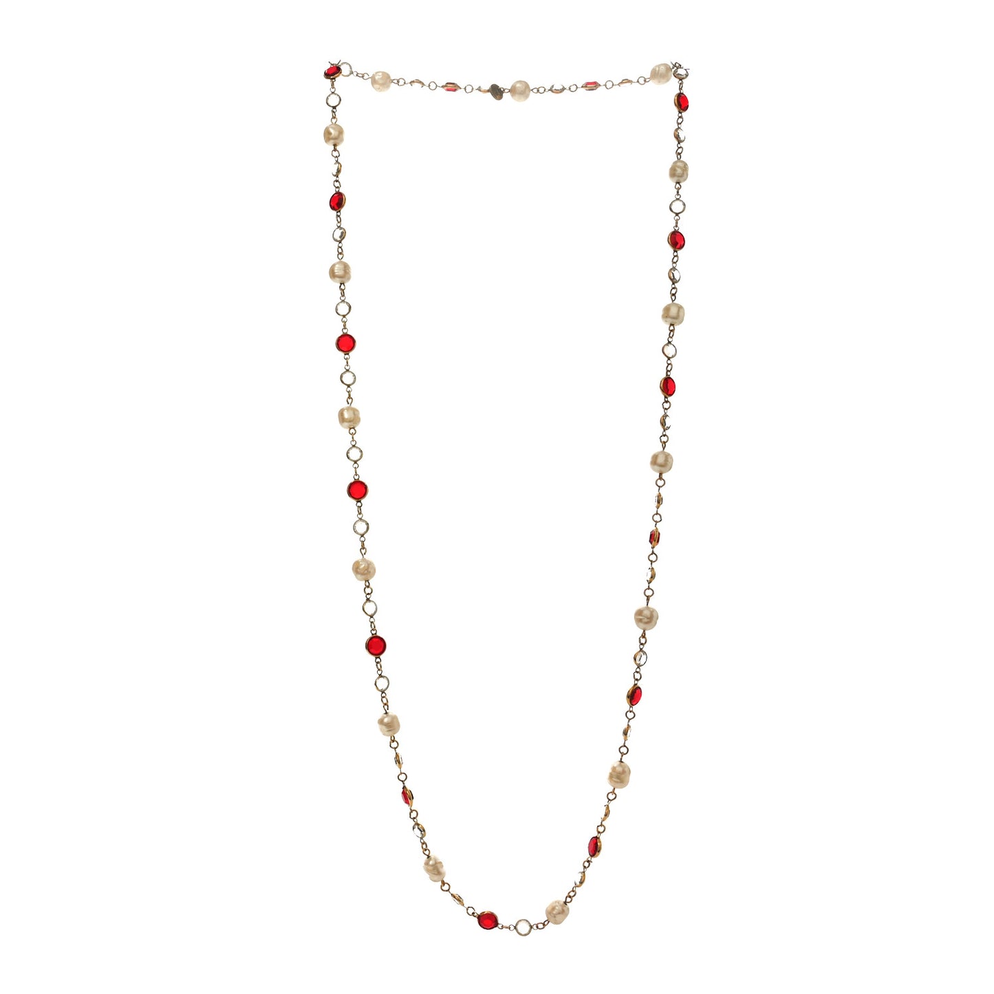 Crystal Pearl Chicklet Sautoir Necklace Red Gold