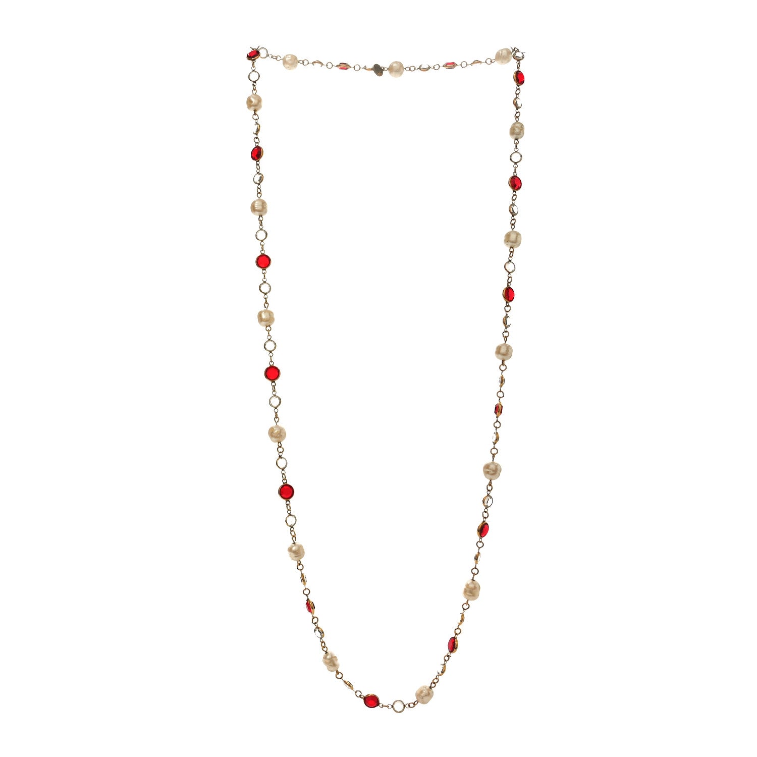 Chanel Crystal Pearl Chicklet Sautoir Necklace Red Gold 3 of 4