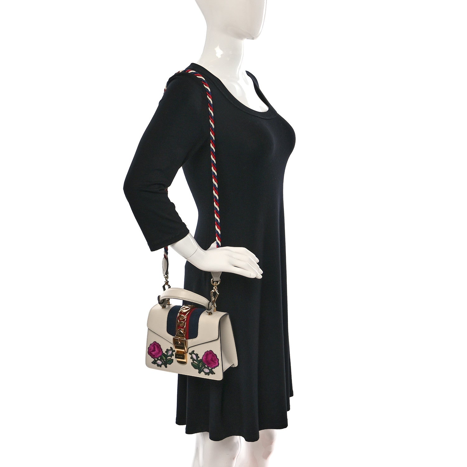 Gucci Calfskin Embroidered Mini Sylvie Top Handle Bag White 2 of 12