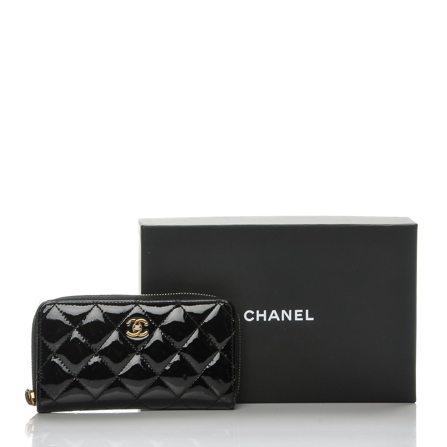 Patent Quilted Small Zip Around Wallet Black