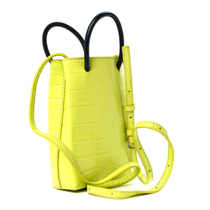 Balenciaga Calfskin Crocodile Embossed Logo Shopping Phone Holder Bag Lime 3 of 10