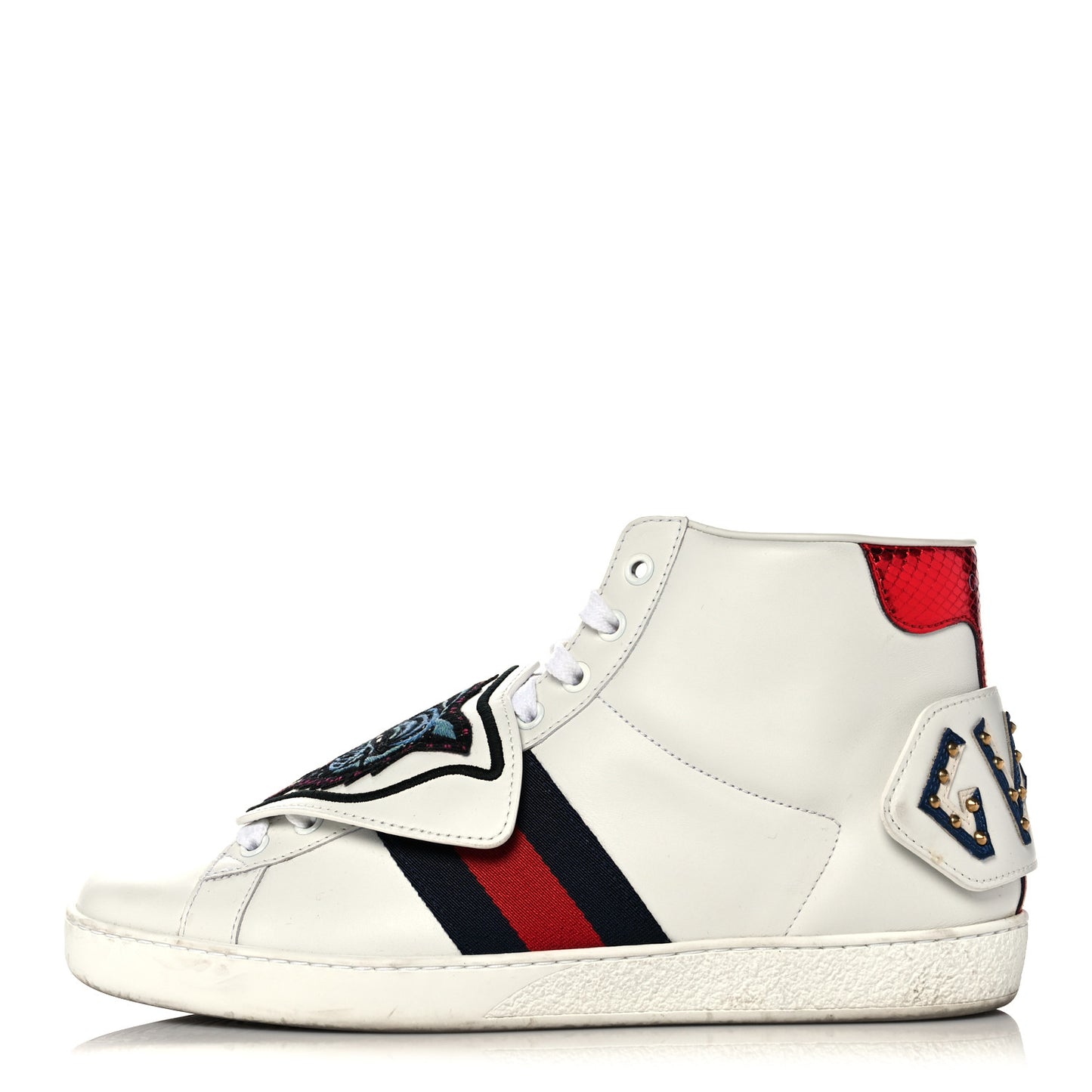 Calfskin Ayers Embroidered Web Mens Ace Removable Patches High Top Sneakers 7.5 White