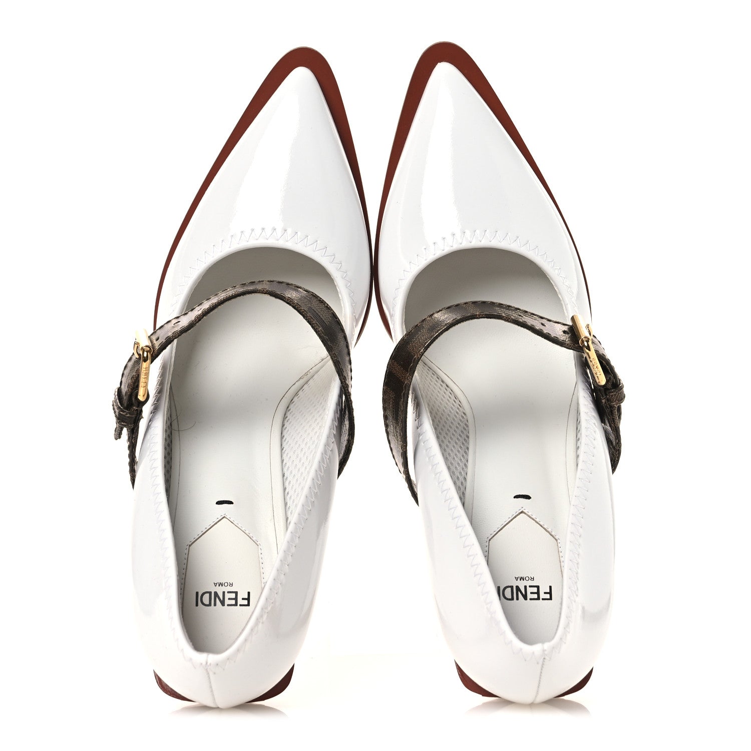 Fendi Glossy Neoprene Glazed Fabric FF FFrame Court Mary Jane Pumps 39 White Tobacco Moro 2 of 11