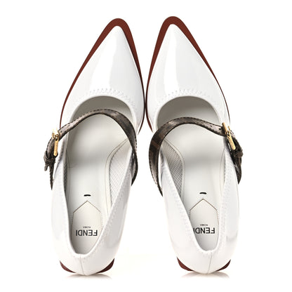 Fendi Glossy Neoprene Glazed Fabric FF FFrame Court Mary Jane Pumps 39 White Tobacco Moro 2 of 11