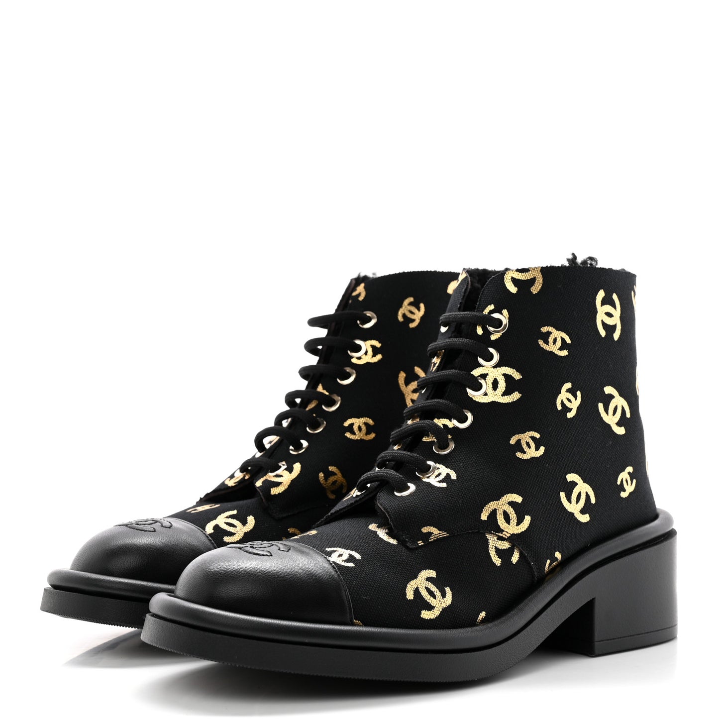 Lambskin Shearling Canvas CC Lace Up Boots 39 Black Gold