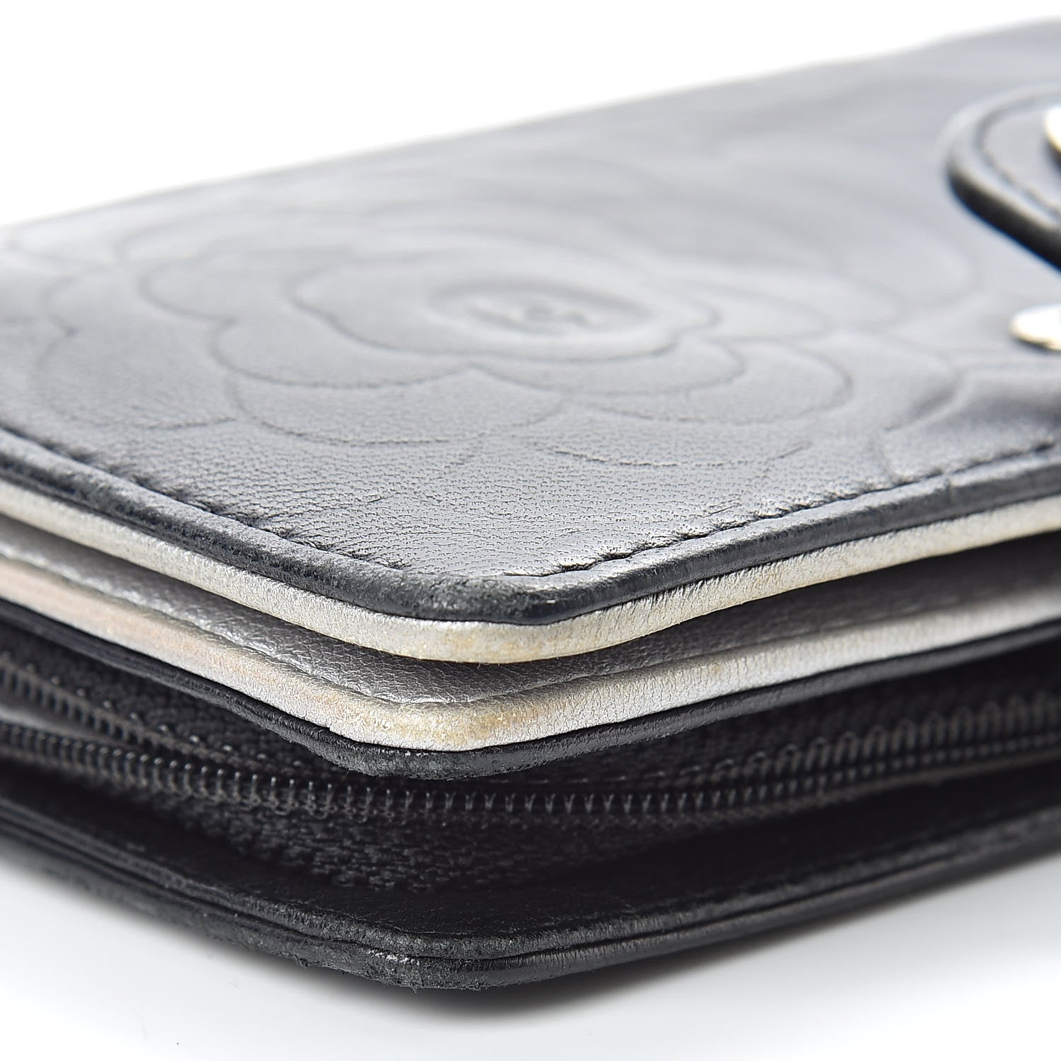 Chanel Lambskin Camellia Embossed Zipped Pocket Wallet Black 17 of 19