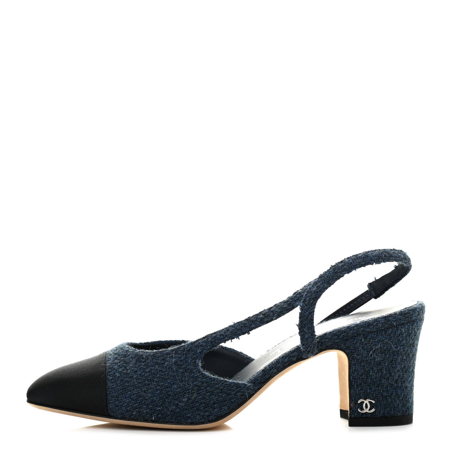Tweed Grosgrain Cap Toe CC Slingback Pumps 38 Blue Black