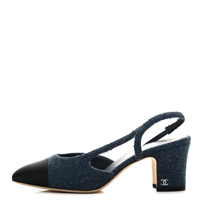 Chanel Tweed Grosgrain Cap Toe CC Slingback Pumps 38 Blue Black 1 of 8
