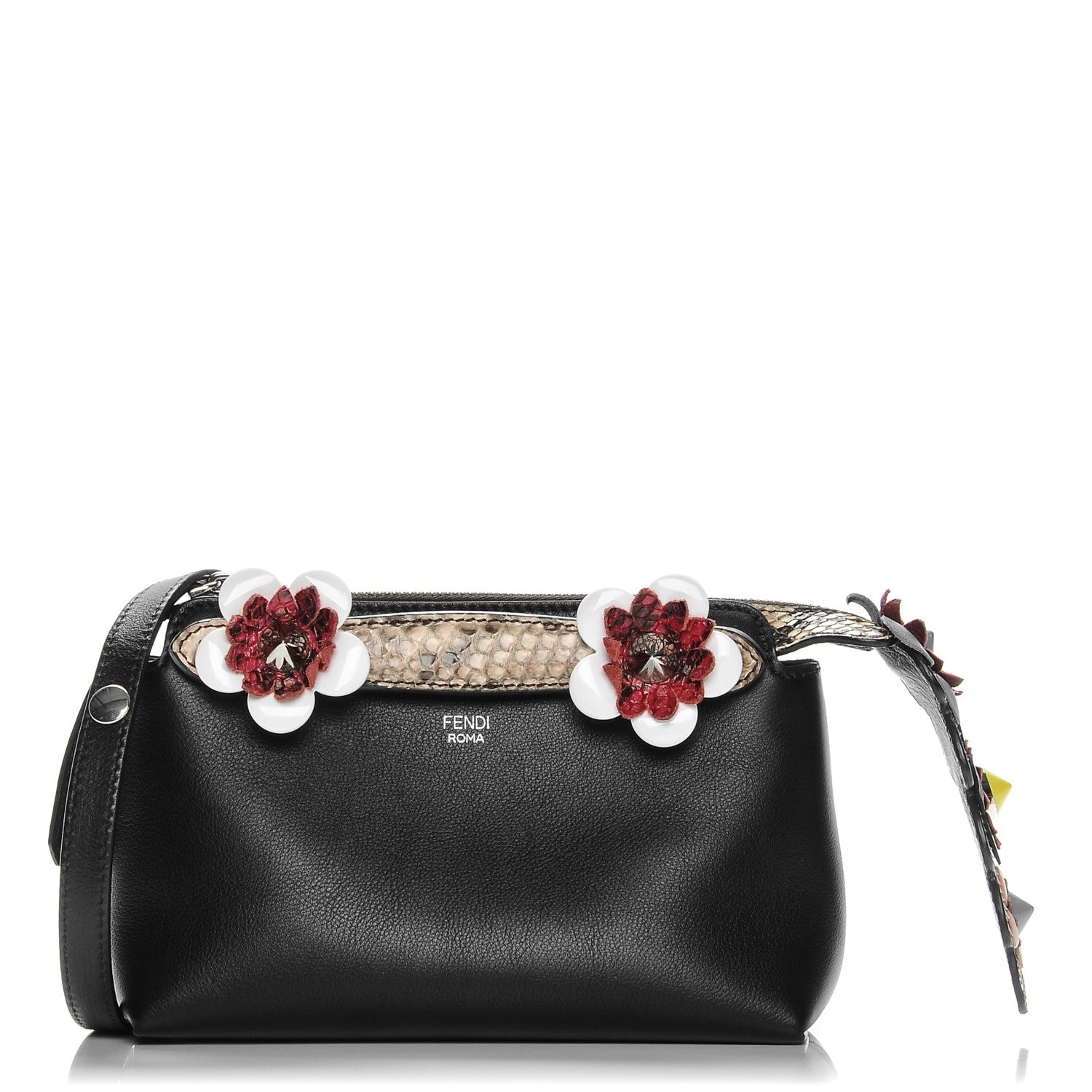 Fendi Vitello Dolce Snakeskin Nappa Croc Tail Flowerland Studded Mini By The Way Boston Bag Black Natural Multicolor 1 of 7