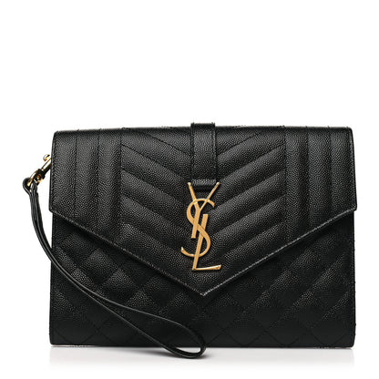 Saint Laurent Grain De Poudre Textured Mixed Matelasse Triquilt Monogram Clutch Black 1 of 10