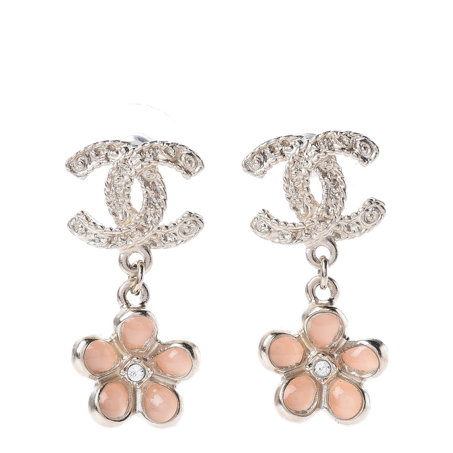 Resin Crystal CC Camellia Drop Earrings Gold Beige