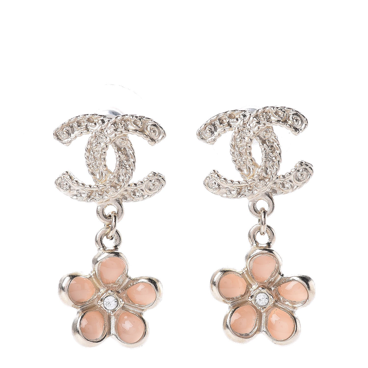 Chanel Resin Crystal CC Camellia Drop Earrings Gold Beige 1 of 5