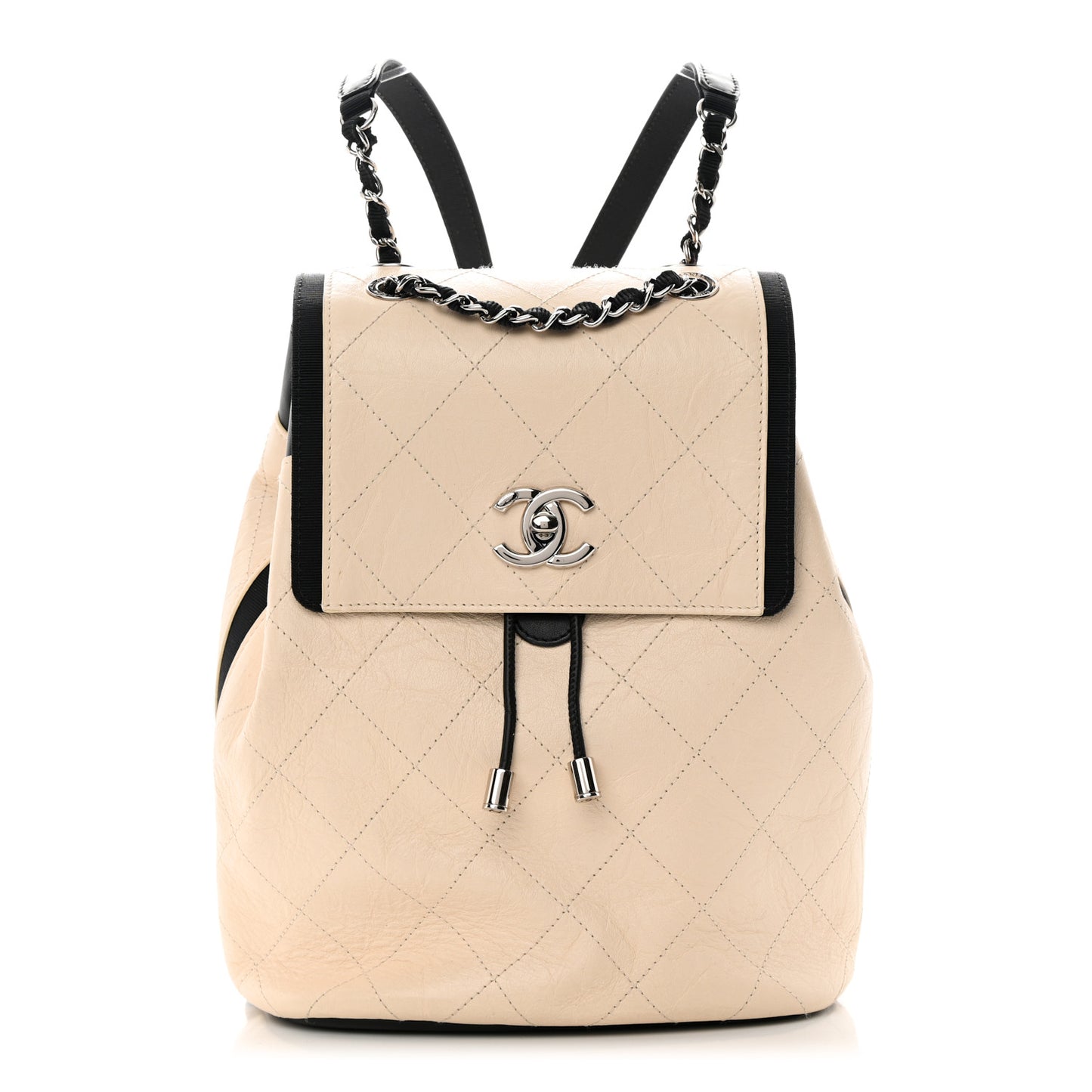 Crumpled Grained Calfskin Quilted Backpack Beige Ivory Black