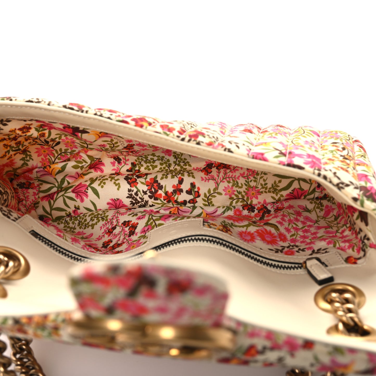 Cotton Calfskin Matelasse Floral Print Small GG Marmont Shoulder Bag Ivory Pink
