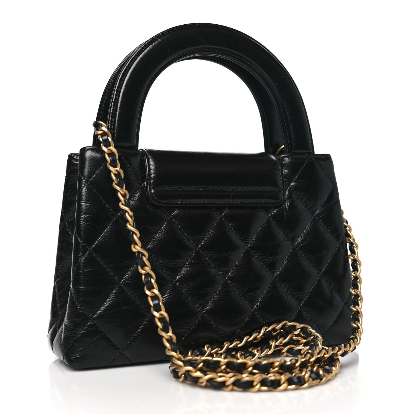 Shiny Aged Calfskin Quilted Nano Kelly Shopper Black