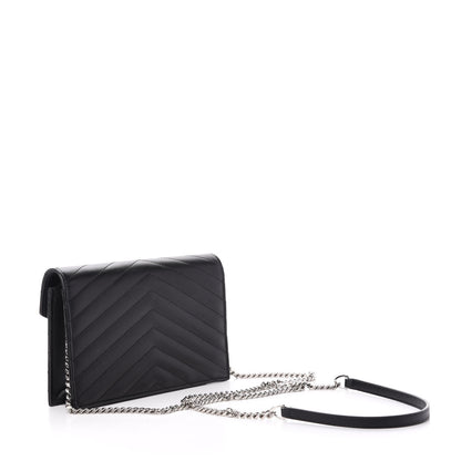 Saint Laurent Grain De Poudre Matelasse Chevron Monogram Envelope Chain Wallet Black 3 of 10
