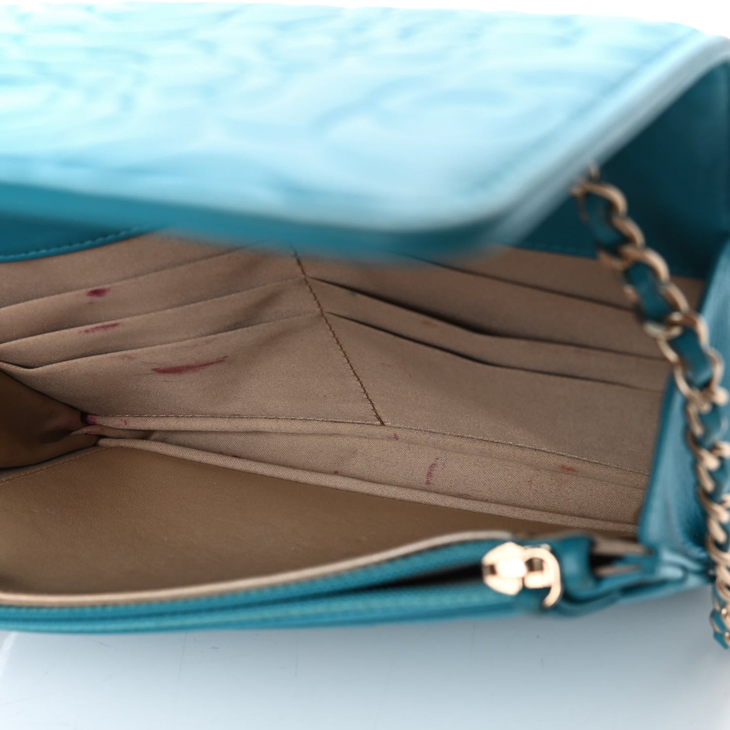 Lambskin Camellia Embossed Wallet On Chain WOC Turquoise