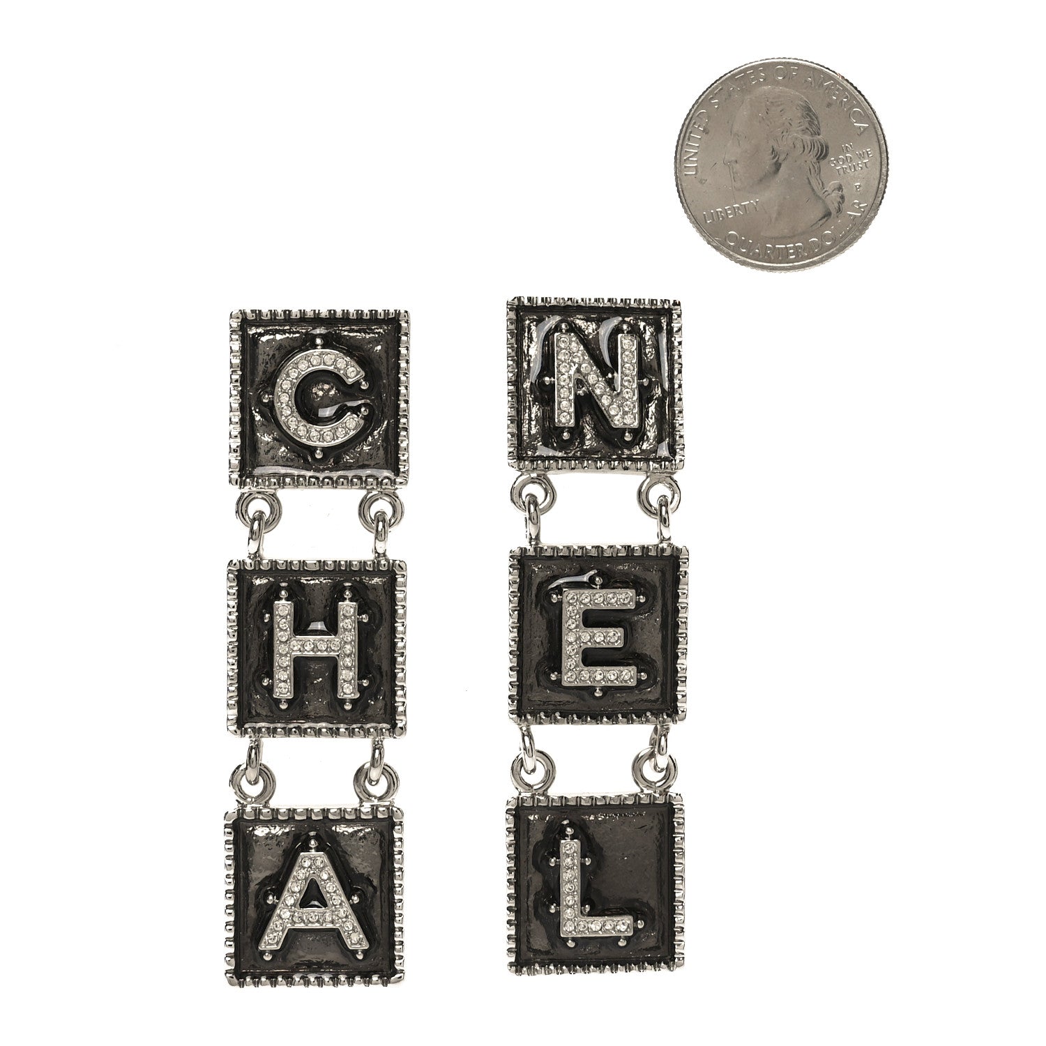 Chanel Metal Crystal Cha-Nel Logo Drop Earrings Silver 2 of 5
