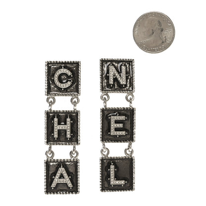 Chanel Metal Crystal Cha-Nel Logo Drop Earrings Silver 2 of 5