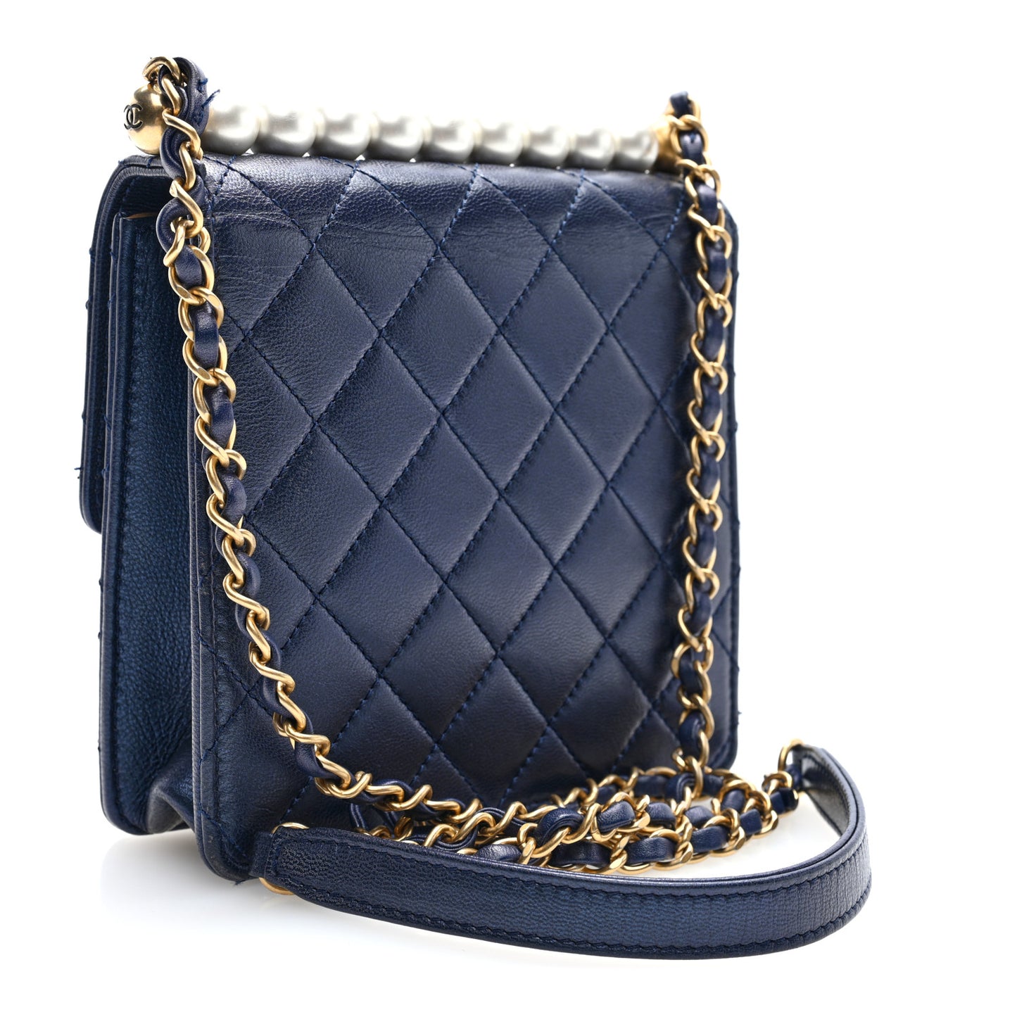 Iridescent Lambskin Quilted Chic Pearls Flap Navy Blue