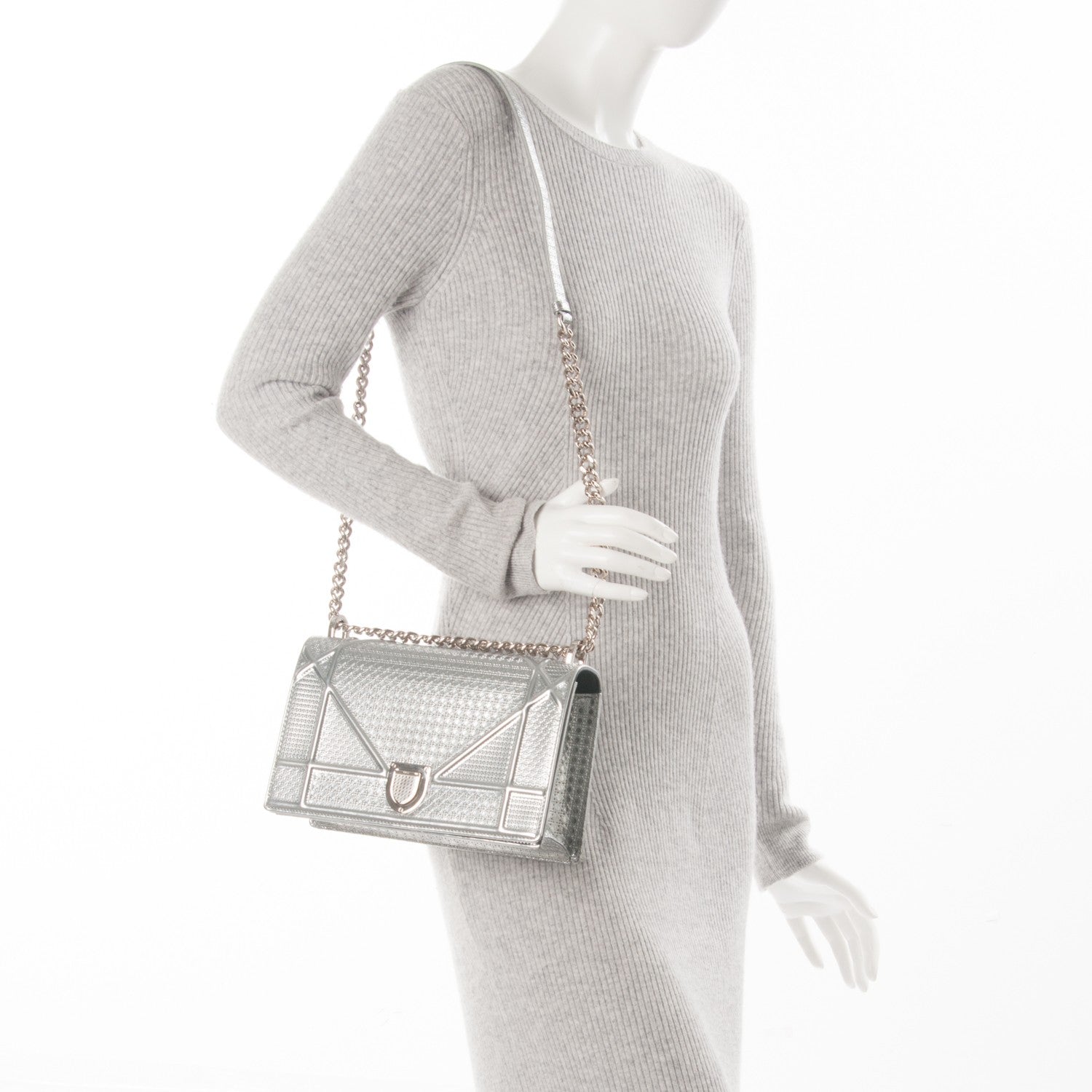 Christian Dior Metallic Patent Micro-Cannage Medium Diorama Flap Bag Silver 2 of 7