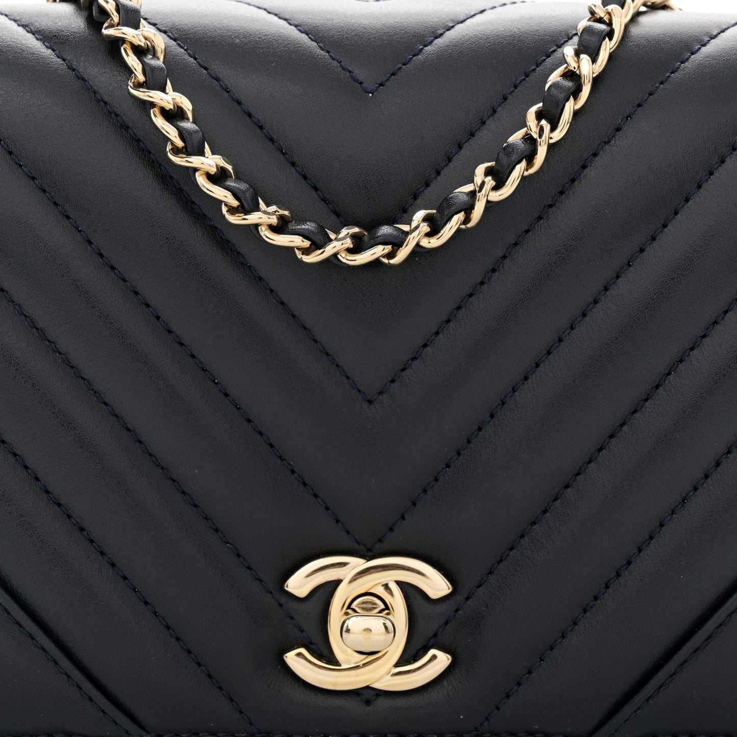 Calfskin Chevron Quilted Mini Statement Flap Navy Blue