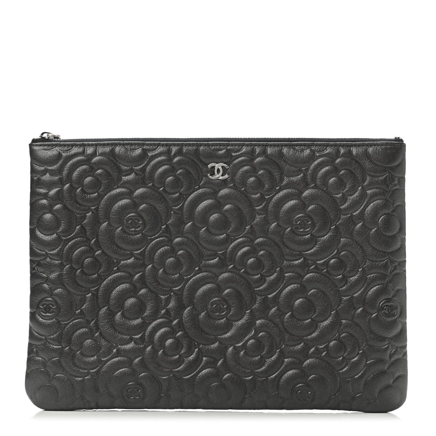 Goatskin Camellia Embossed Medium Cosmetic Case Dark Grey