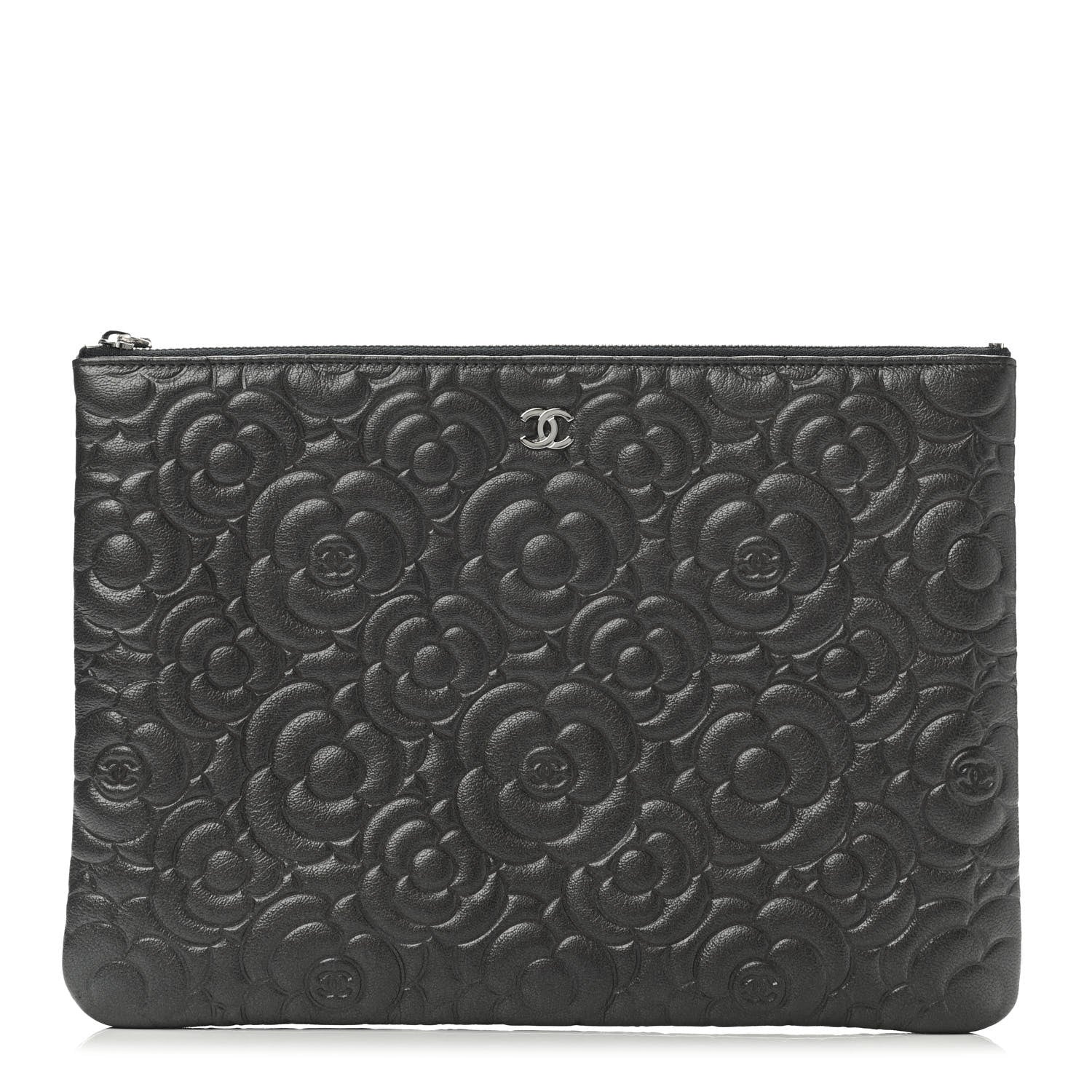 Chanel Goatskin Camellia Embossed Medium Cosmetic Case Dark Grey 1 of 4