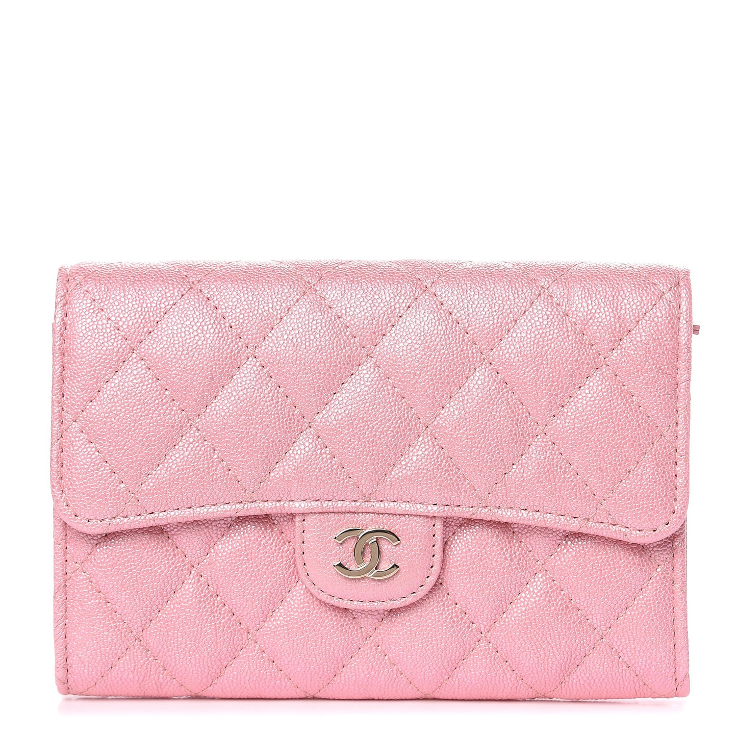 Iridescent Caviar Quilted Medium Flap Wallet Rose Pink