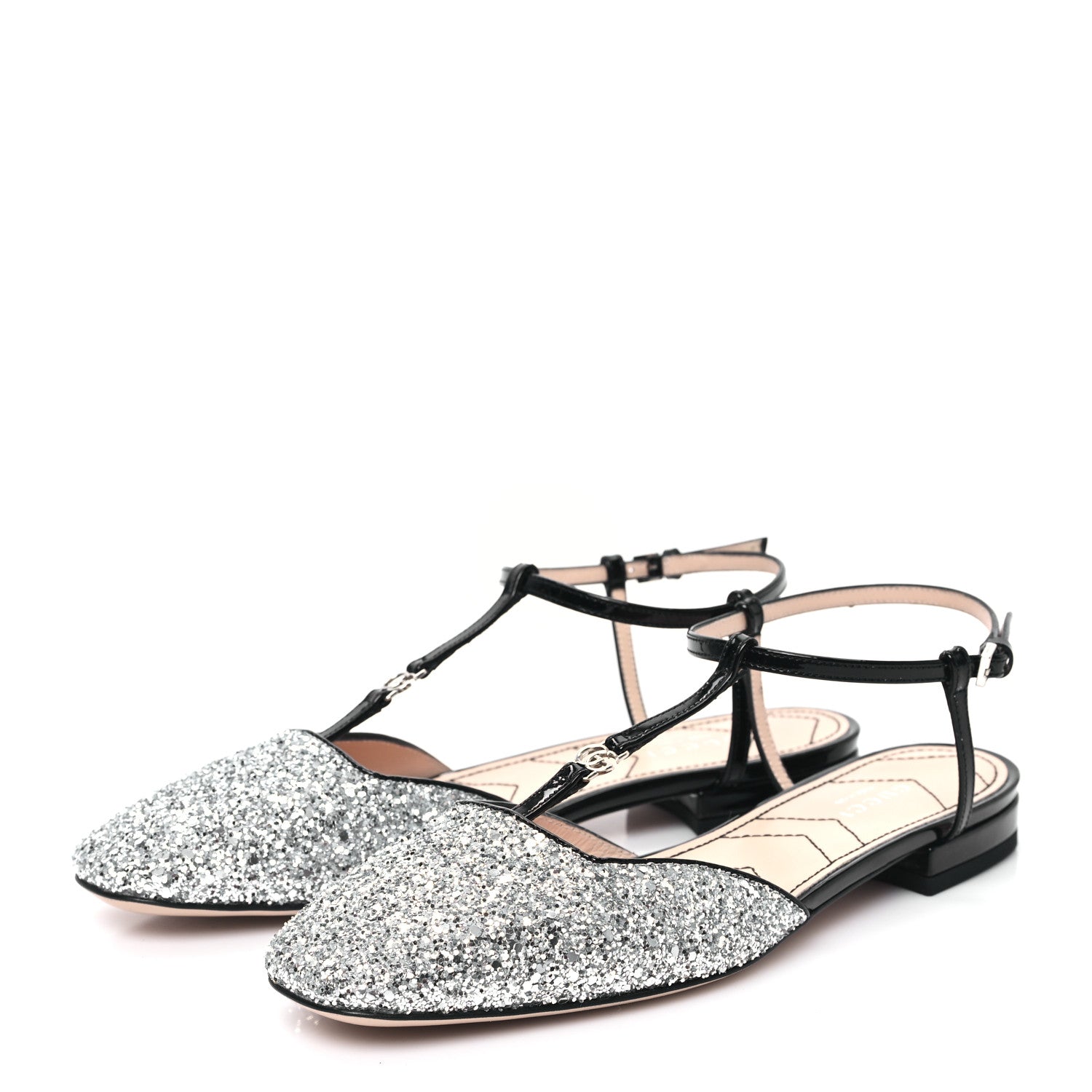 Gucci Calfskin Glitter Double G Slingback Flats 36.5 Silver Black 3 of 7
