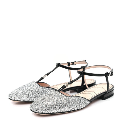 Gucci Calfskin Glitter Double G Slingback Flats 36.5 Silver Black 3 of 7