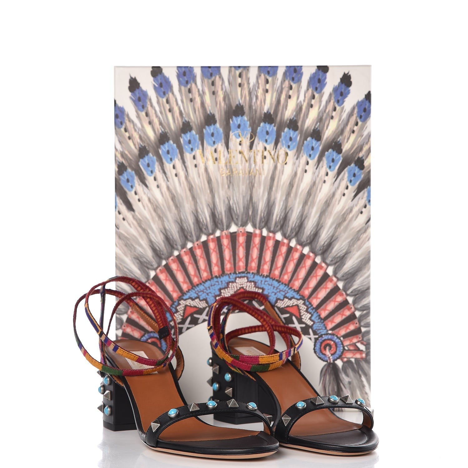 Valentino Garavani Calfskin Embroidered Rockstud Rolling Wrap Sandals 38.5 Black Multicolor 8 of 8
