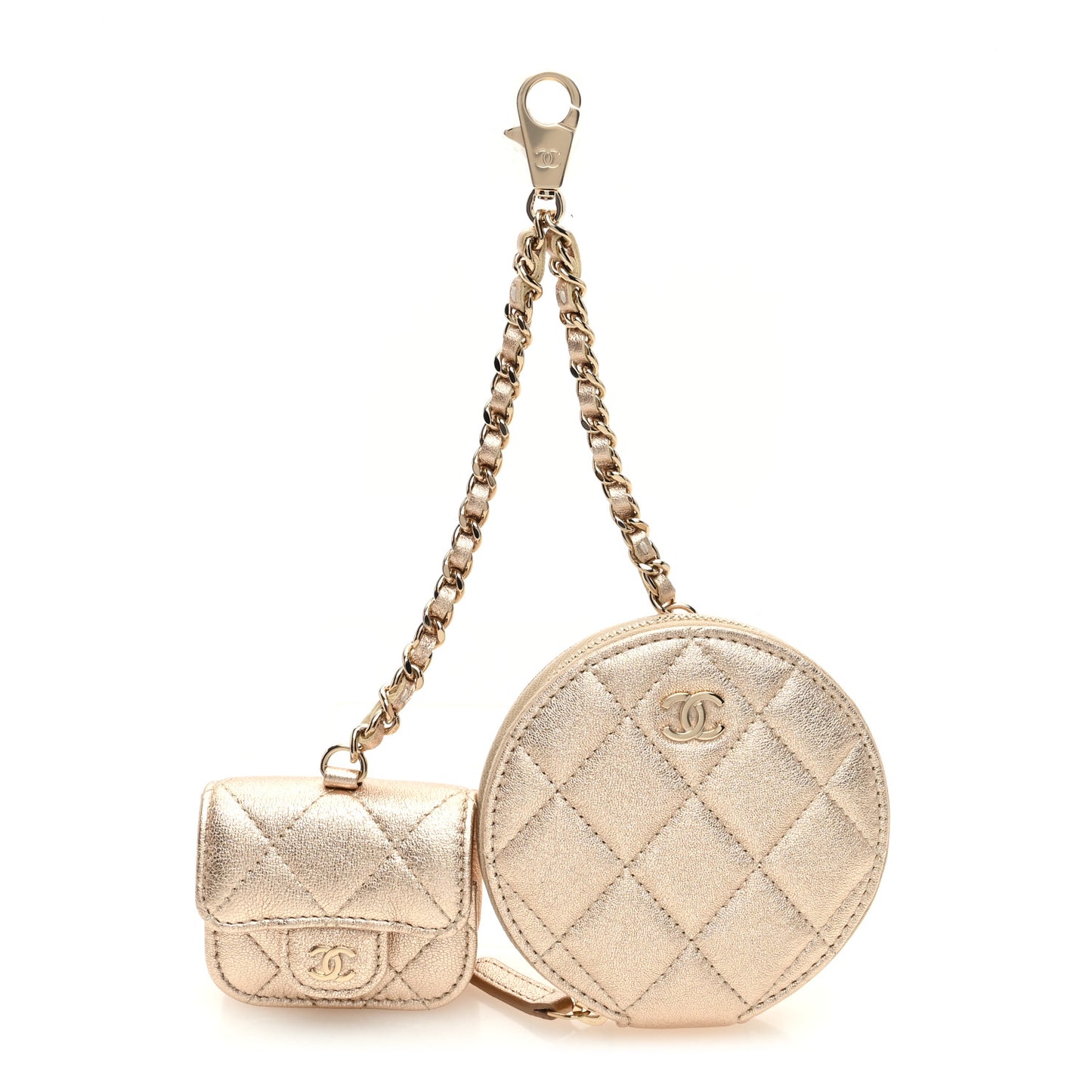 Metallic Lambskin Quilted Round Clip On Coin Purse Airpods Case Gold