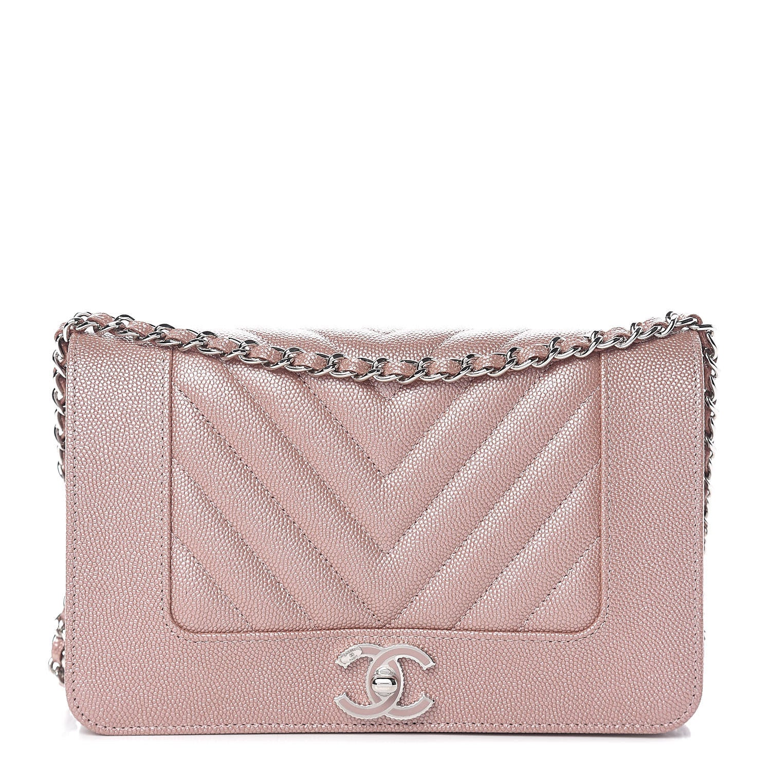 Chanel Metallic Caviar Chevron Quilted Vintage Mademoiselle Wallet On Chain WOC Pink 1 of 13