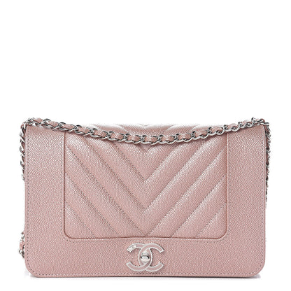 Chanel Metallic Caviar Chevron Quilted Vintage Mademoiselle Wallet On Chain WOC Pink 1 of 13