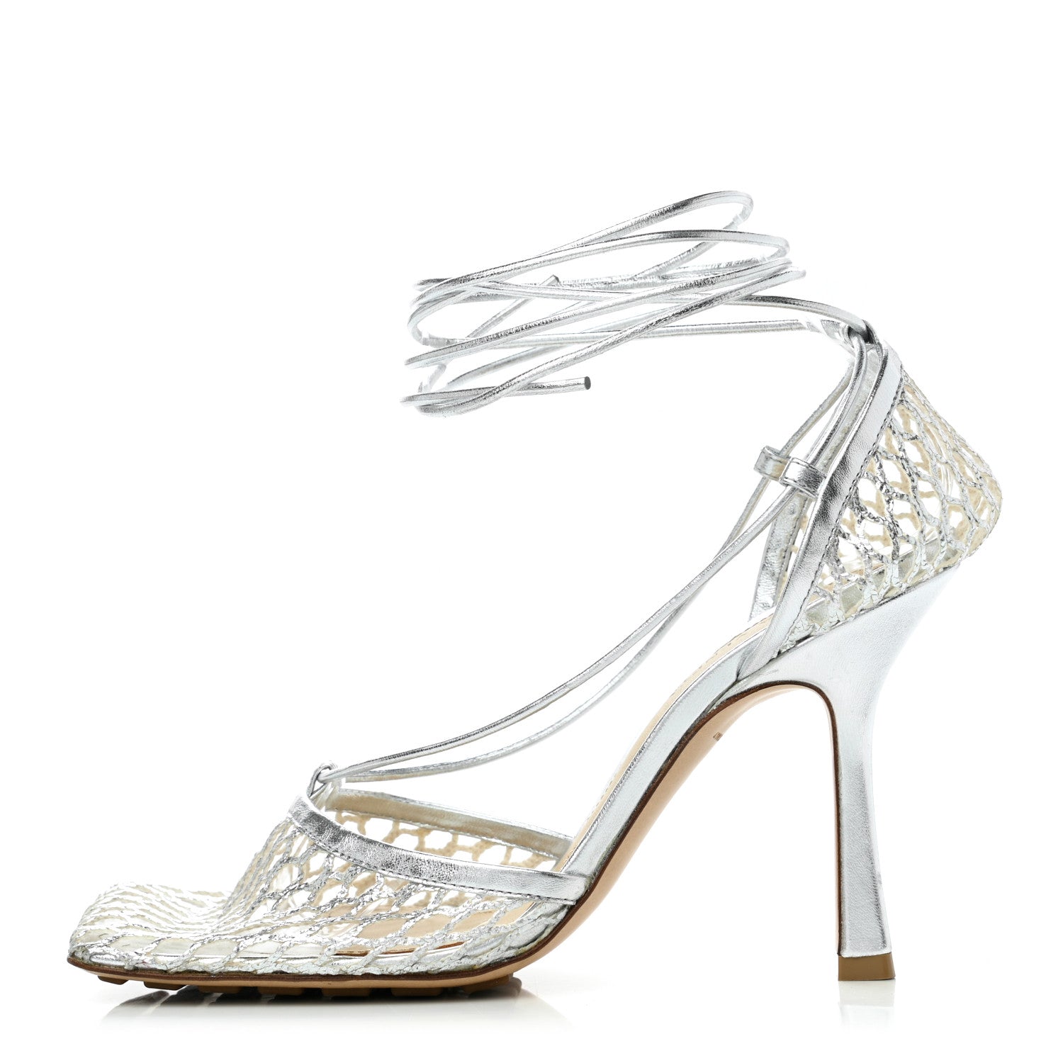 Bottega Veneta Mesh Metallic Nappa Stretch Ankle Tie Sandals 37 Silver 1 of 7