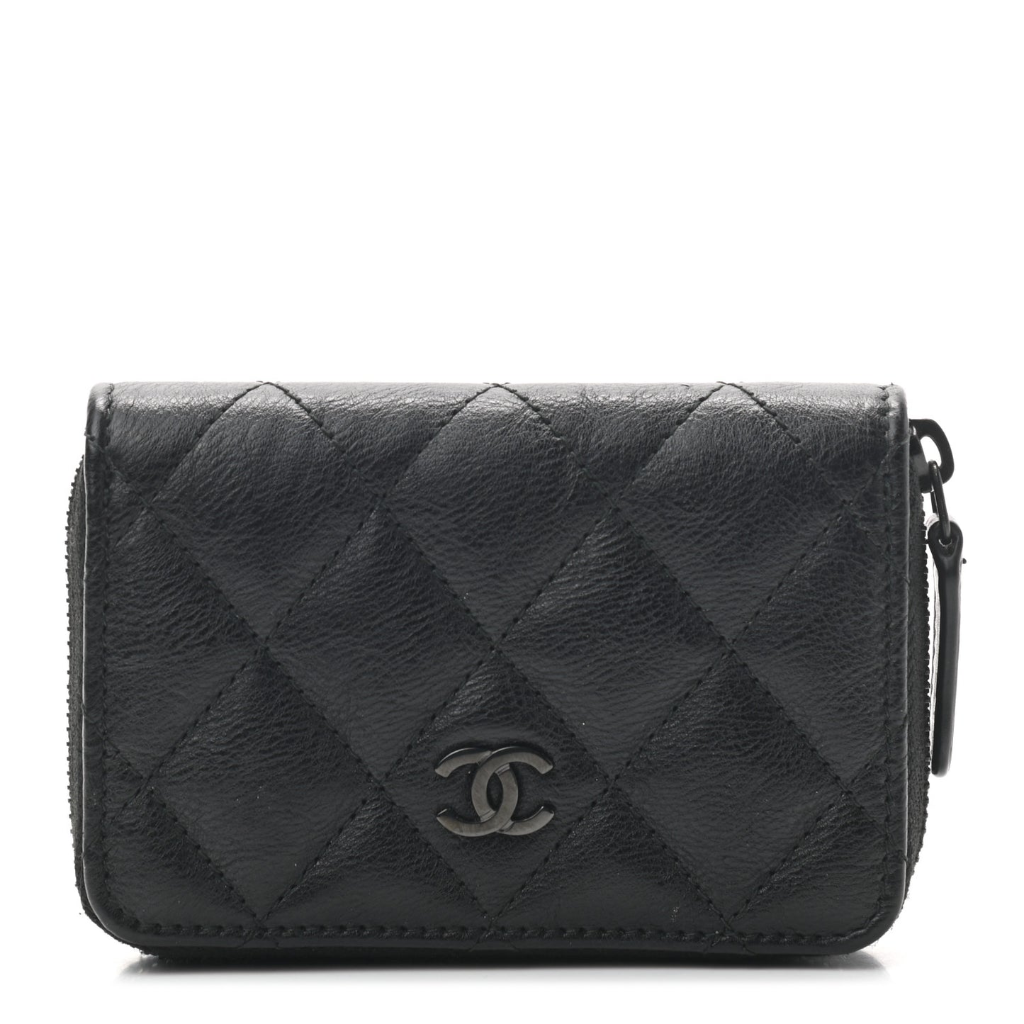 Aged Calfskin Quilted Zip Coin Purse So Black
