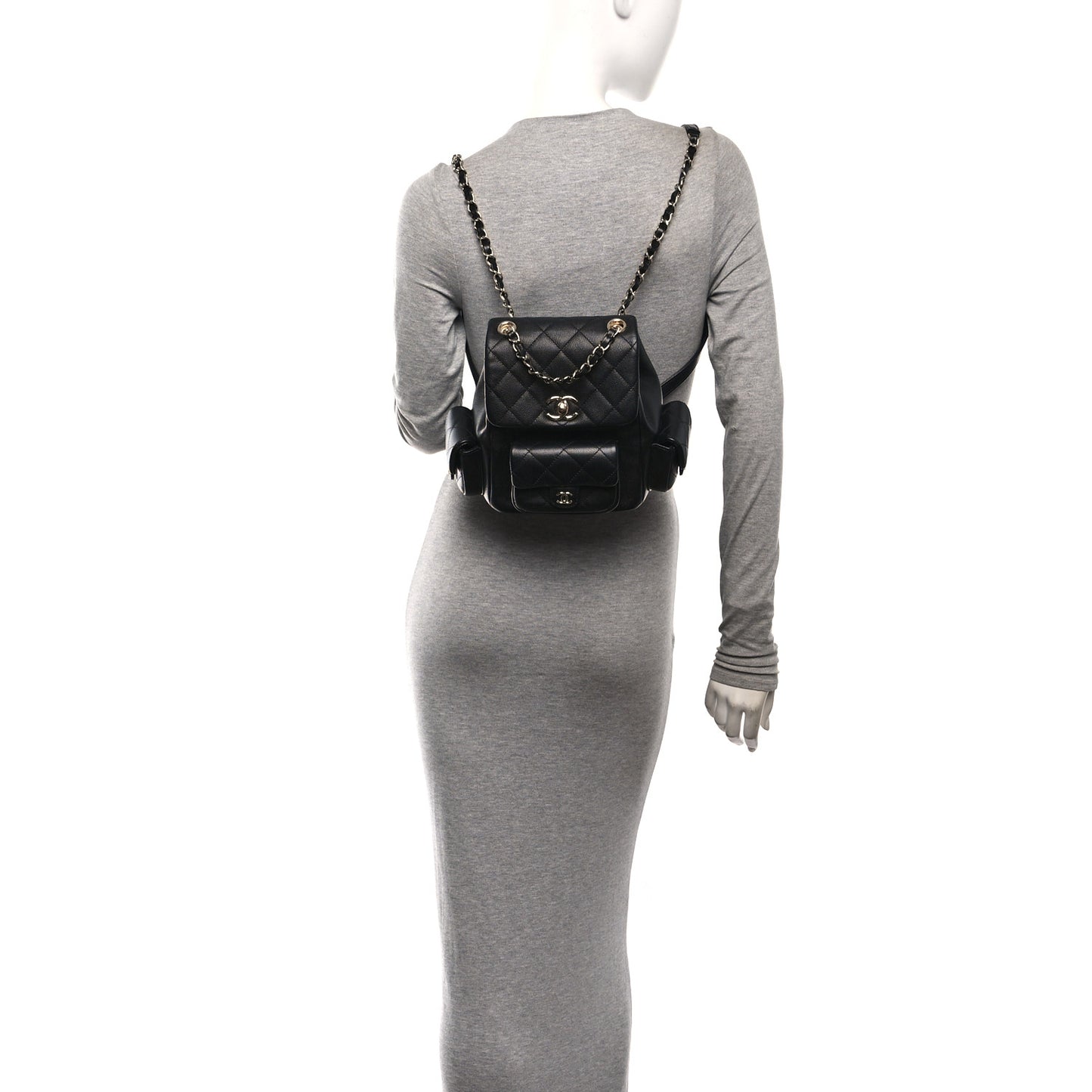 Shiny Caviar Quilted Small Pockets Drawstring Backpack Black