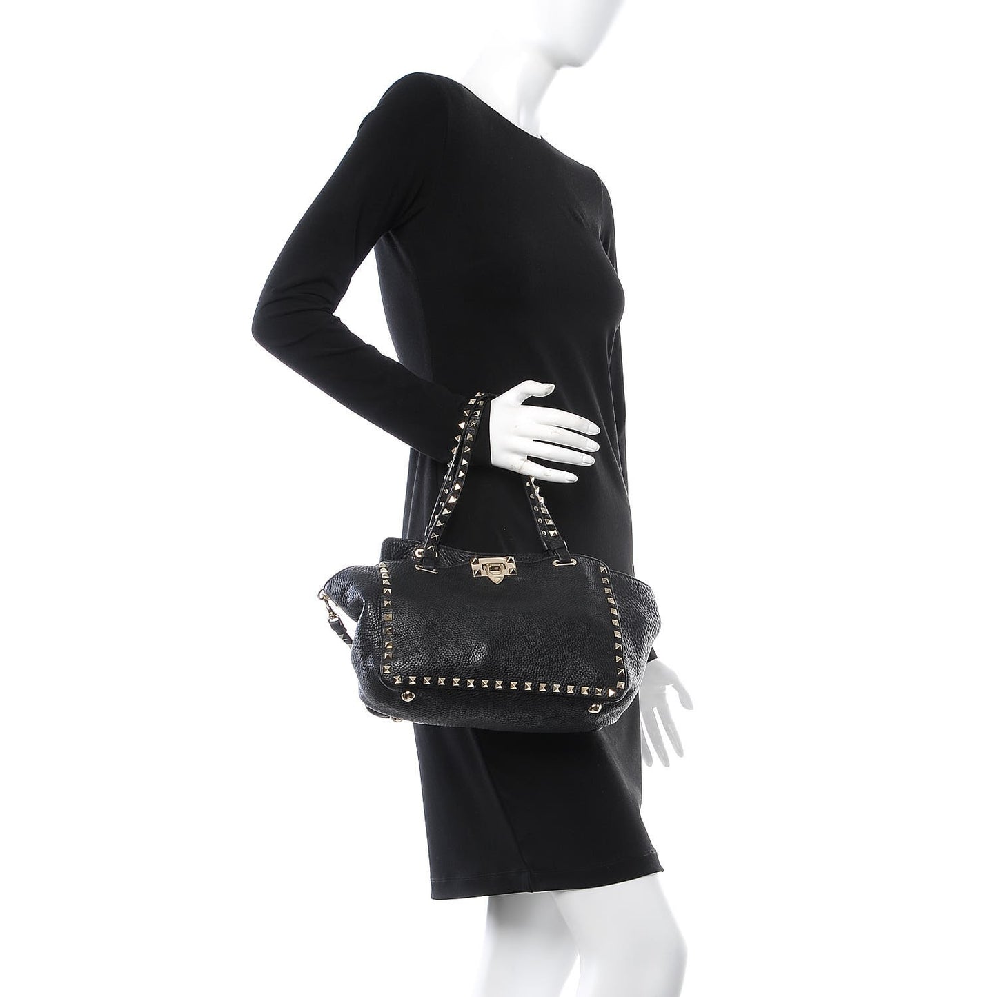 Grained Calfskin Small Rockstud Tote Black