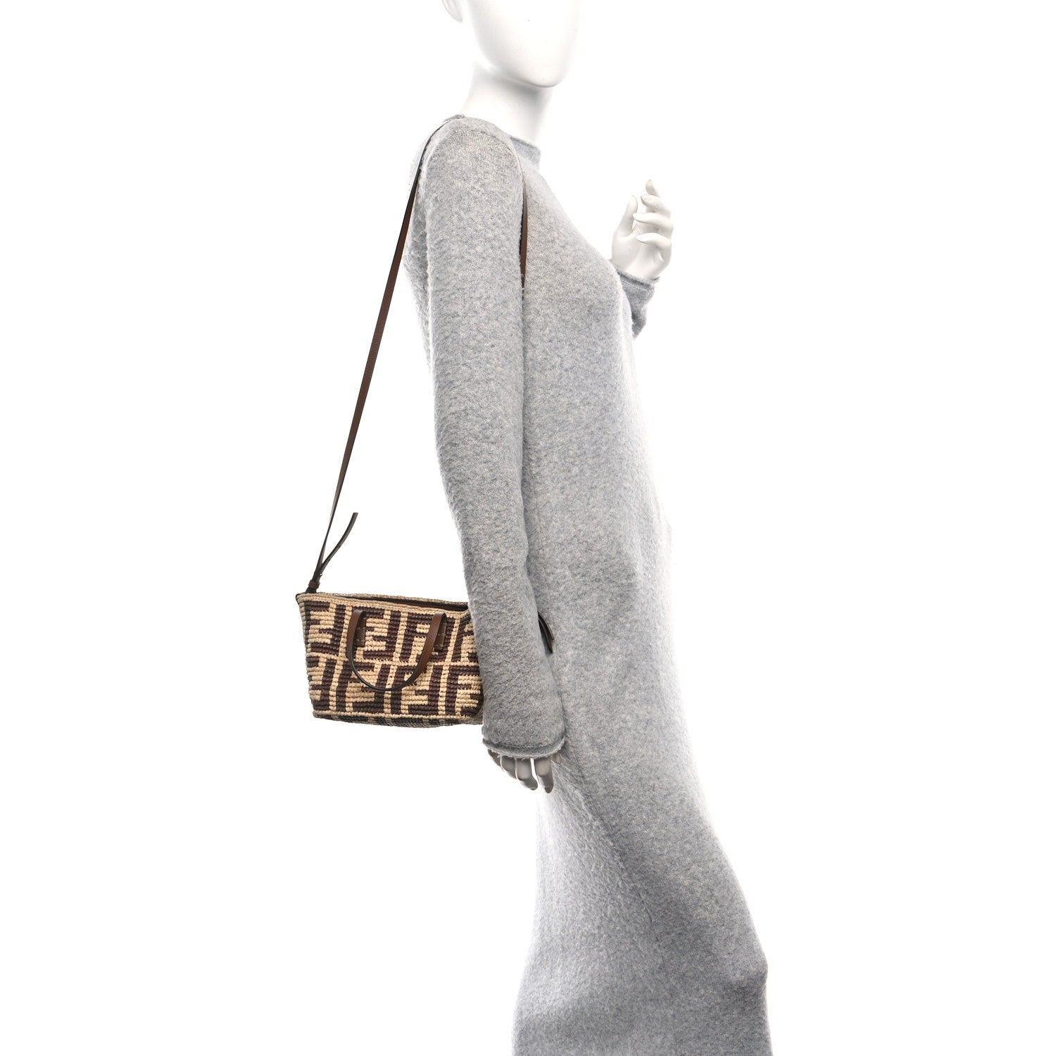 Fendi Raffia Cuoio Romano FF Crochet Mini Roll Tote  Natural Gianduia 2 of 13