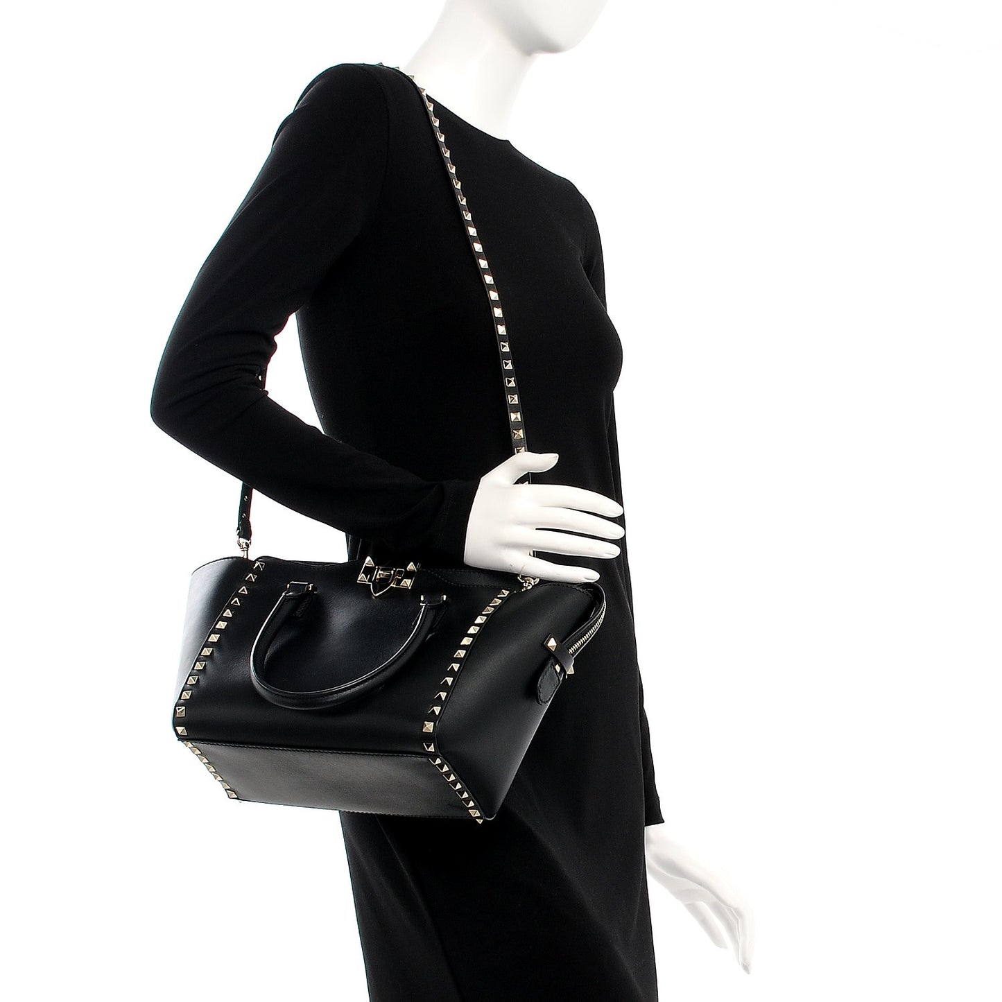 Vitello Small Rockstud Double Handle Tote Black