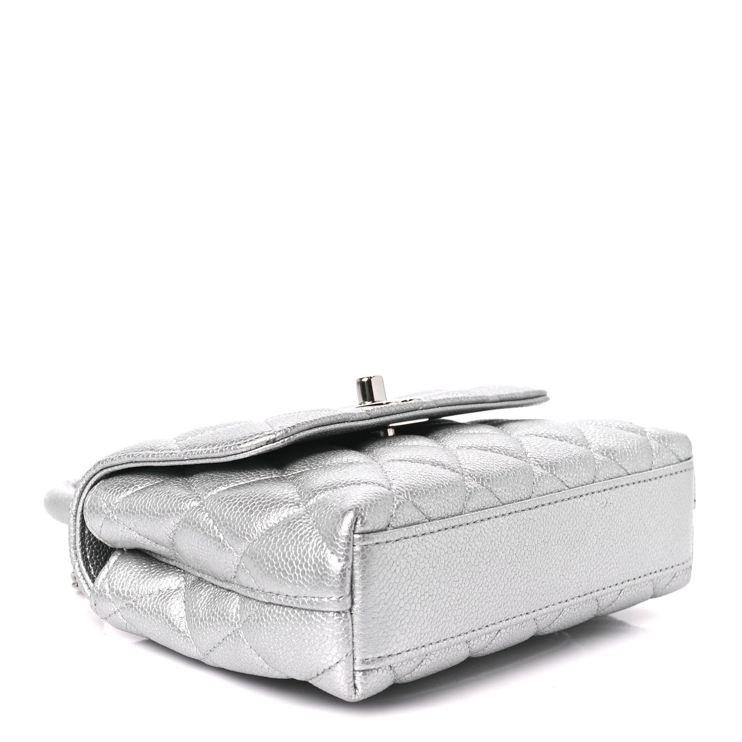 Metallic Caviar Quilted Coco Handle Clutch With Chain Silver
