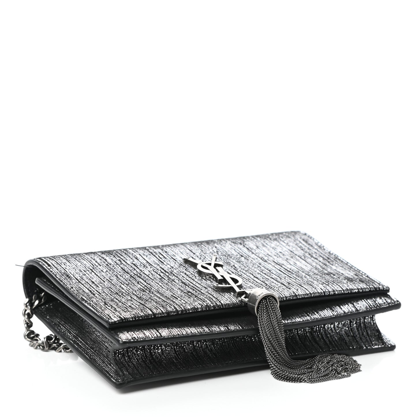 Metallic Suede Classic Monogram Kate Tassel Chain Wallet Black Silver
