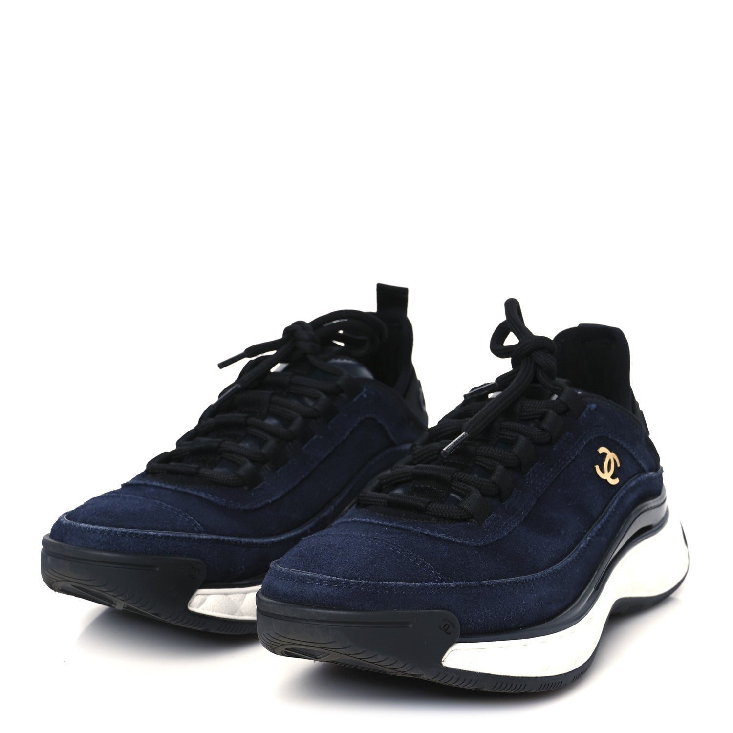 Chanel Suede Calfskin Nylon Grosgrain CC Sneakers 38 Navy Blue