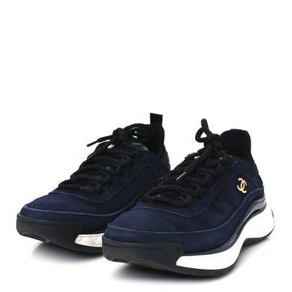 Chanel Suede Calfskin Nylon Grosgrain CC Sneakers 38  Navy Blue 4 of 9