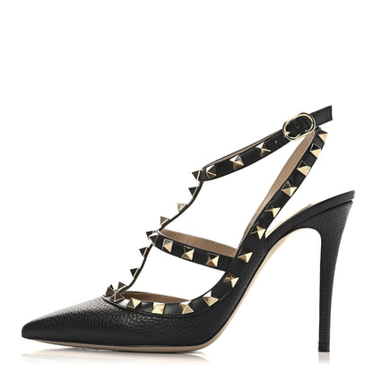 Valentino Garavani Pebbled Calfskin Rockstud Ankle Strap 100mm Pumps 38.5 Black 1 of 10