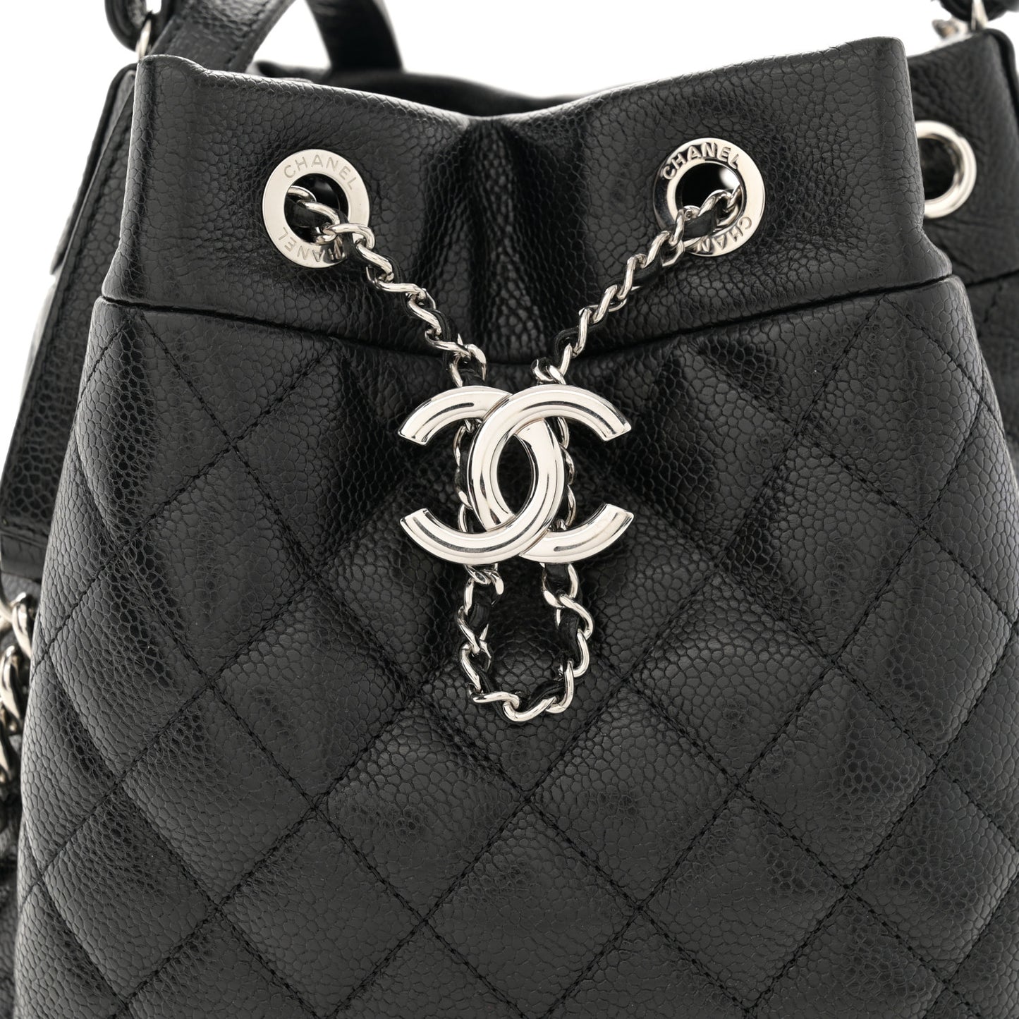 Caviar Flat Quilted CC Chain Bucket Drawstring Bag Black