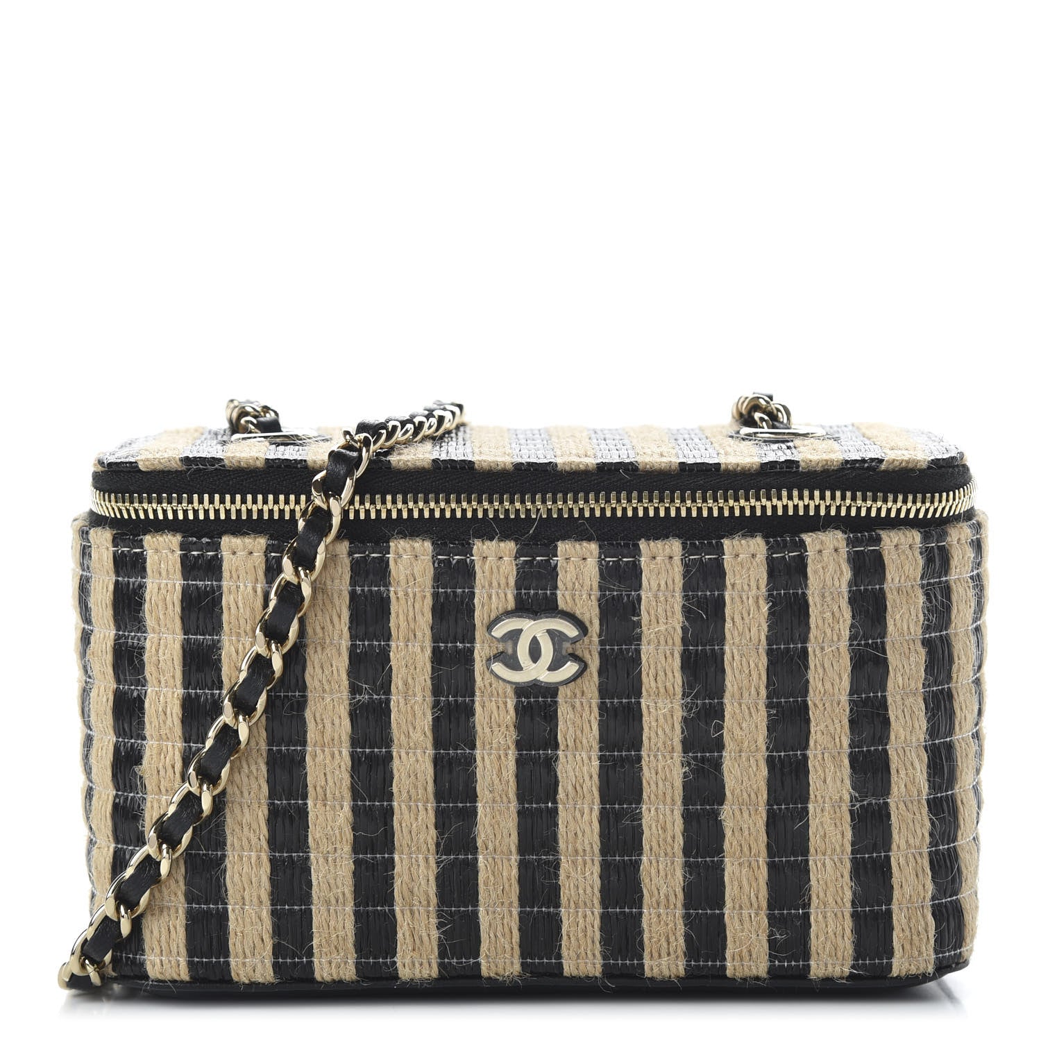 Chanel Raffia Jute Striped Small Vanity Case With Chain Black Beige 1 of 11